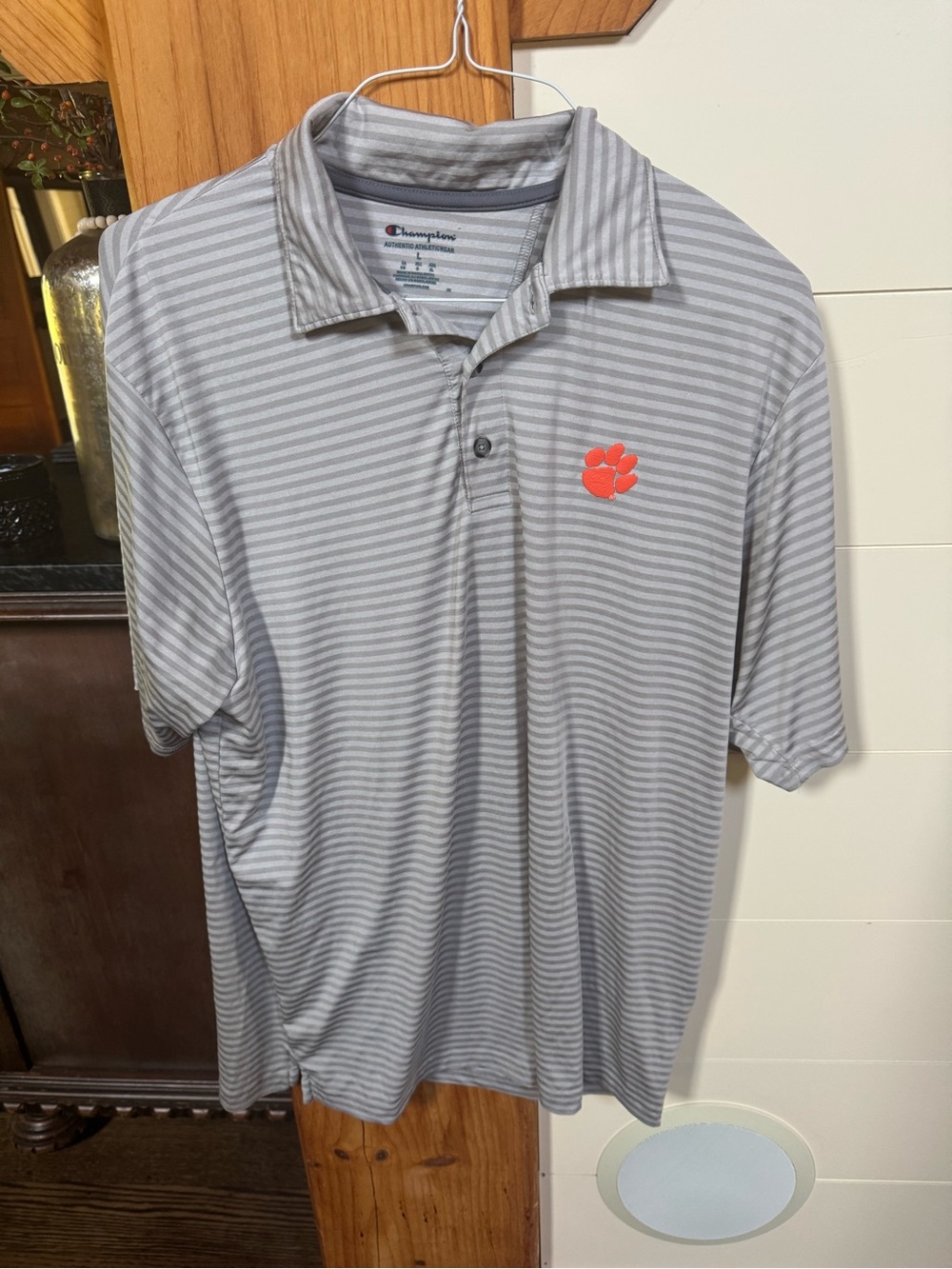 Champion Clemson Men’s Gray Striped Polo with Orange Paw Logo